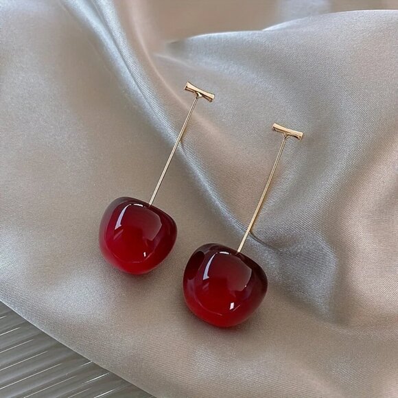 NEW Long Cherry Drop Earrings – Cute Red Fruit Dangle Statement Jewelry - Picture 3 of 4